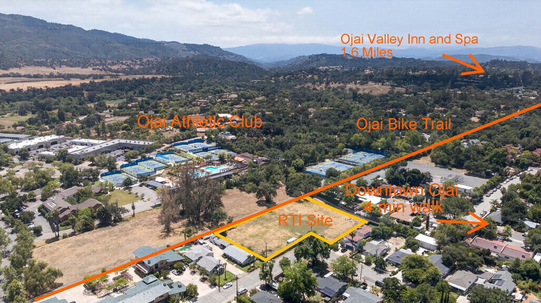 Aerial showing proximity to Ojai Valley Inn, Athletic Club, and Downtown