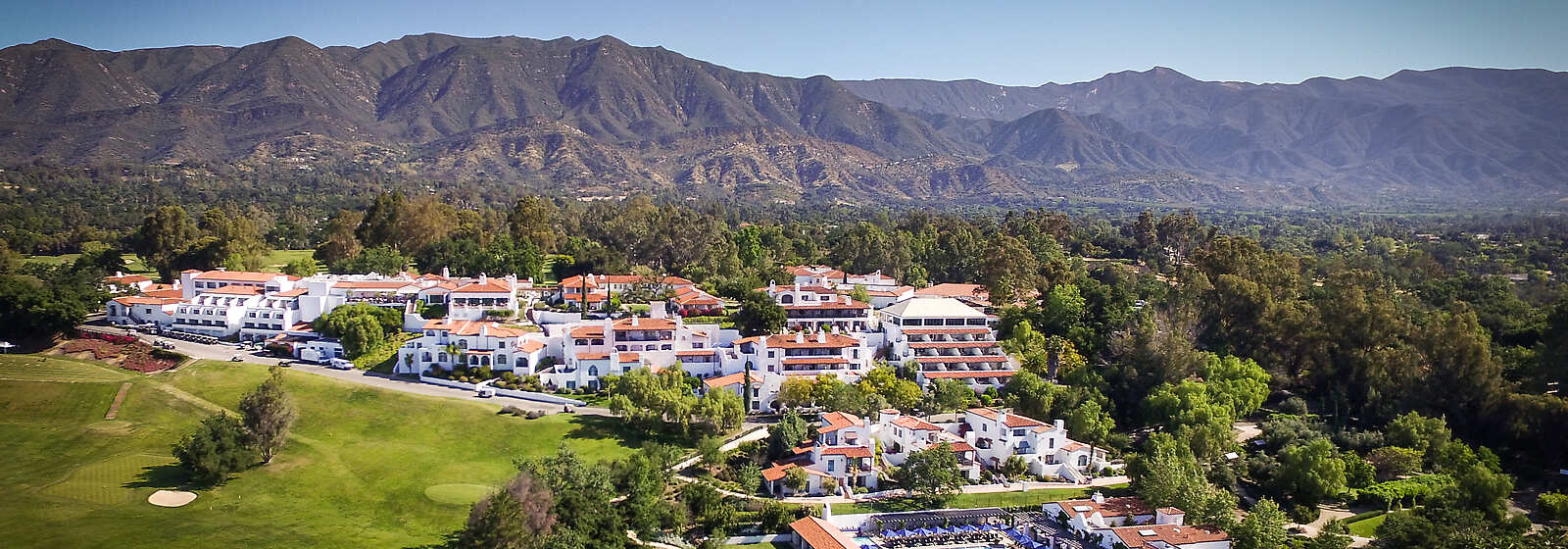Aerial of the Ojai Valley Inn & Spa with the Topa Topa Mountains