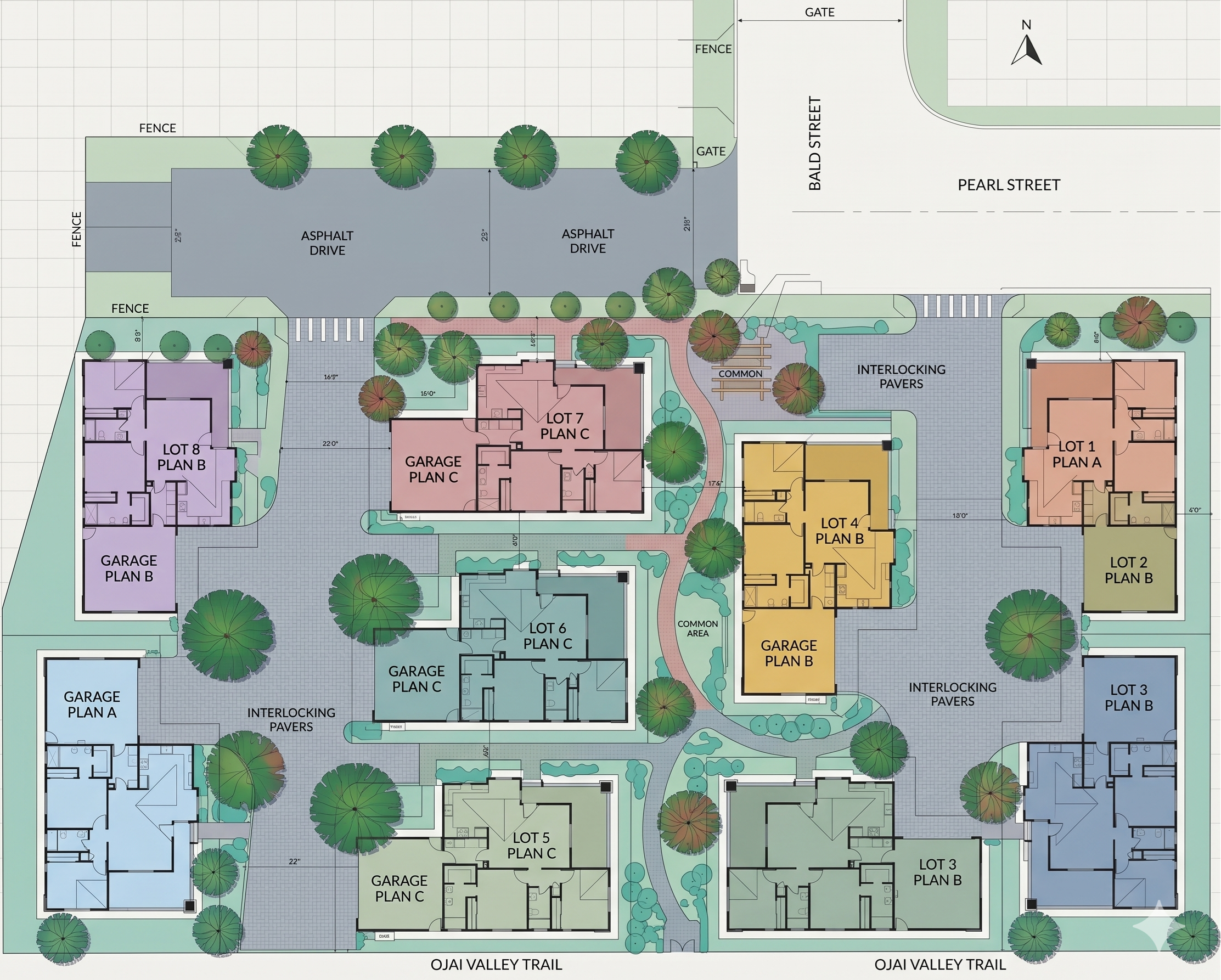 Site Plan rendering showing 9 homes around private drive